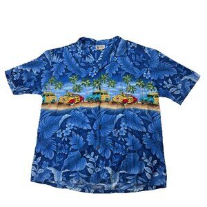 Aloha Republic Mens 2XL Blue Short Sleeve Hawaiian Shirt Panoramic Woody Cars